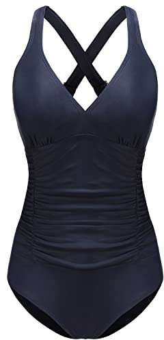 FLYRONG Swimming Consume for Women V Neck One Piece Tummy Control Swimsuits for Women Swimwear, Navy Blue, L (UK16-18)