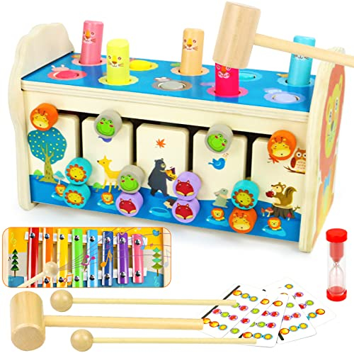 Jouet Montessori 1 An, Jouet Bebe Enfant 1 An, Cadeau Jeux Enfant Bebe 1 2 3 An Fille Garcon, 4 En 1 Jeux Bois Bebe 1 An Avec Xylophone Bebe & Jeu De Taupe Pour 1 2 3 Ans Cadeau Noël Anniversaire