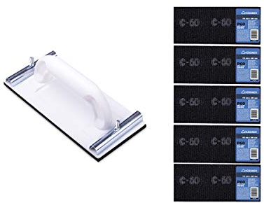 Küssner Handschleifer-Set, 5 Stück Schleifgitterleinen: Länge 28cm, Breite 11,5cm, Korn 60, Schleifklotz mit Metallklemmgriffen: Länge 22cm, Breite 10,5cm, A0180-900506, weiß, 1 Liter