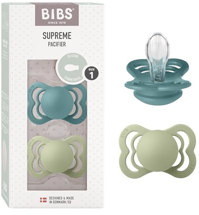 BIBS Supreme Dummy, 0-6 Months, 2-Pack, Symmetrical Teat, Island Sea/Sage | Silicone | Size 1 | BPA-Free | Made in Denmark | High Teat Acceptance | Airflow Holes | Comfort Shield