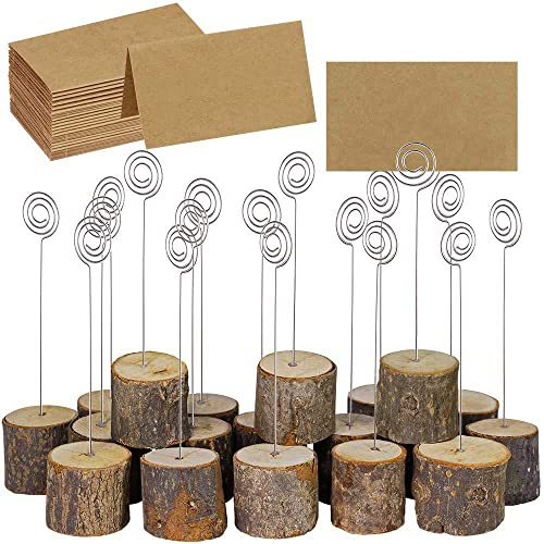 Voarge Soporte de madera rústica, con base de madera real, Memo Clip Portafotos Portanotas de Tocón Soporte para Tarjetas de Mesa Titular de Número y Foto, 20pcs con clip