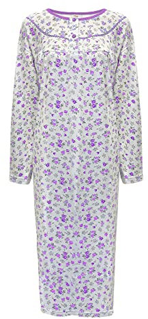 i-Smalls Women's Thermal Nightdress 100% Brushed Cotton Button Front Long Length Nightie L to 3XL (L) Purple