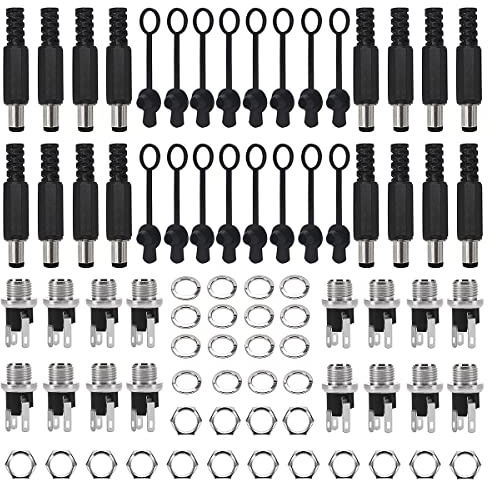 VooGenzek 80 Pezzi Connettori DC a Pannello 5.5x2.1 mm 5.5x2.5 mm, con Cappuccio in Gomma, DC spina cava Maschio + DC Power Jack socket Femmina, per Audio/Video/Telefono