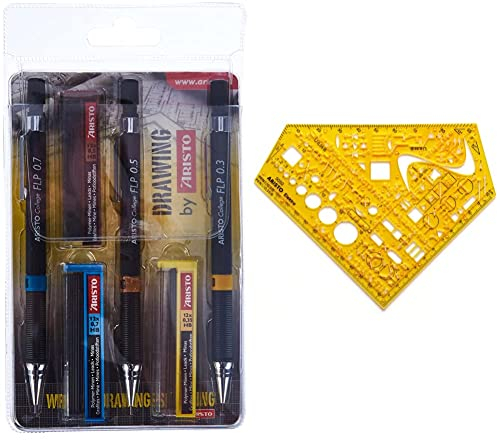 Aristo AR23559 Druckbleistifte College FLP 3er Set (Minen 0.35/0.5/0.7 mm, Härtegrad HB, inkl. Ersatzminen) schwarz & AH5050, Schablone Schulwinkel Elektro, orange-transparent