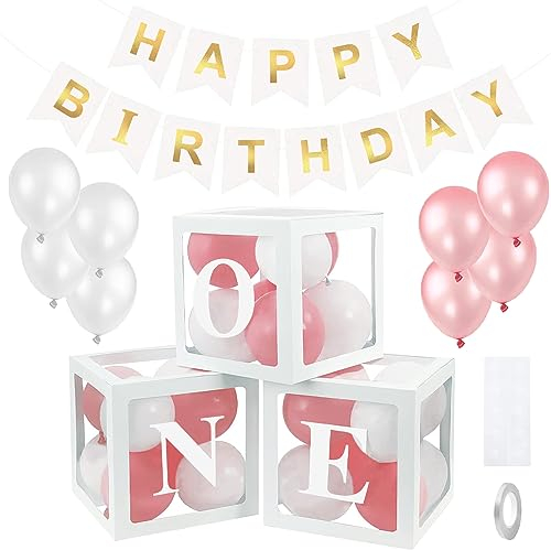 THATSRAD Scatole di Palloncini per Decorazioni per Baby Shower Scatola per il Primo Compleanno del Bambino Scatole di Palloncini Trasparenti Bianche con Lettere ONE per il Primo Compleanno Baby Shower