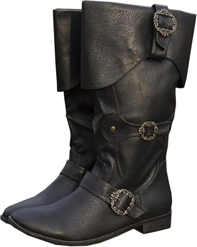 Bottes de chevalier médiévales pour adultes Cosplay - Bottes rétro à manches longues en cuir - Bottes en PU en taille plus avec boucle de ceinture de style Renaissance, Noir , 45 EU