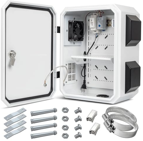 Outdoor Electrical Box with Thermostat and Fan, Cold-Rolled Steel Plate, Aluminum Alloy Back Beam, One-Piece Ventilation Design, IP65 Waterproof, Wall/Pole Mounted. (15.7 x 11.8 x 7.9)