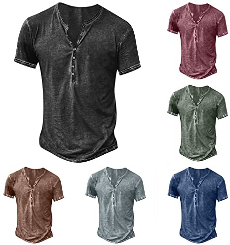 Men Distressed Henley Shirts UK Sale Clearance Man Button Up V-Neck T-Shirts Short Sleeve Tops Comfy Cotton Tees Summer Casual Pullover Regular-Fit Blouse Plain Retro T Shirt Lightweight Tshirts