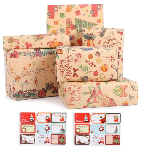 DERAYEE Geschenkpapier Weihnachten Mit Aufkleber - 6 Verschiedene Muster, Kraftpapier Set