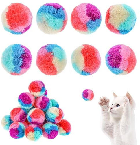 Teaaha 30PCS Cat Ball Toy 3cm Pom Pom Balls, Interactive Christmas Yarn Puff Cat Ball Toys, Rainbow Small Plush Kitty Soft Balls, Training Fuzzy Cat Balls for Exercise and Entertainment, Multicolor