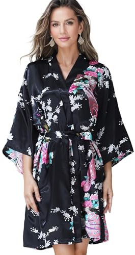 flintronic Women's Satin Kimono Robe, Lightweight Luxury Dressing Gown, Short Nightdress Bridal Robe with 3/4 Sleeve, Oblique V-Neck, for Spa/Hotel/Loungewear Sleepwear