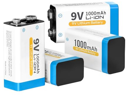 Batterie Ricaricabili da 9V 1000mAh Ad Alta Capacità Batteria 6F22 PP3 6LR61 con Caricabatterie per Rilevatori Fumo, Multimetri, Telecomando, Chitarra Elettrica, Microfono Wireless (4 pezzi)