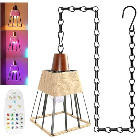 ZRLXFM Colgante Lampara sin Cable con Mando a Distancia, Pantalla de Cuerda de Cáñamo Tejida a Mano, de 100cm Cadena de Ajustable, E27/E26 Lampara Exterior Techo a Pilas