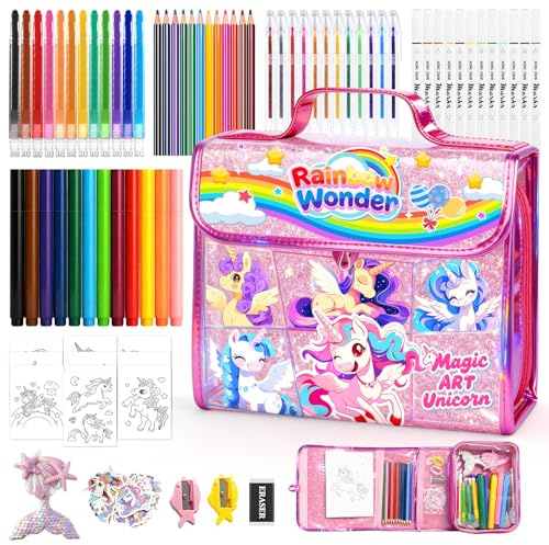 homicozy 106Pcs Malkoffer FüR Kinder Mit Einhorn Glitter BleistifthüLle,Malset Kinder Ab 4-8 Jahren Mit Waschbare Duftende Marker Set,Geburtstagsgeschenke FüR MäDchen 4 5 6 7 8 Jahre Alt