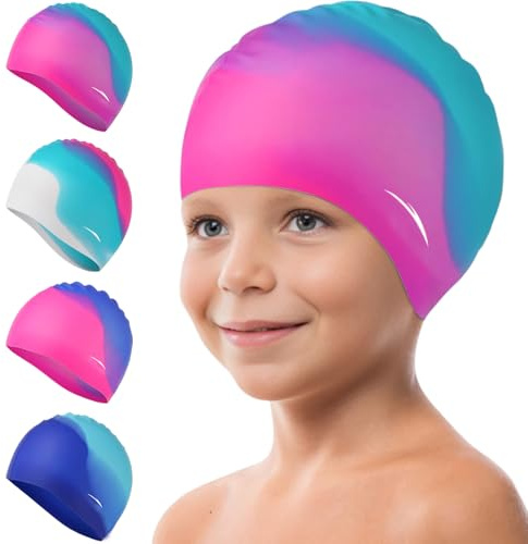 Swim Cap Kids, Durable Waterproof Swimming Cap for Girls Boys Teens Toddler Aged 3-15, Comfortable Fit Kids Swim Cap for Long Hair and Short Hair, Silicone Swim Caps for Toddler (A)