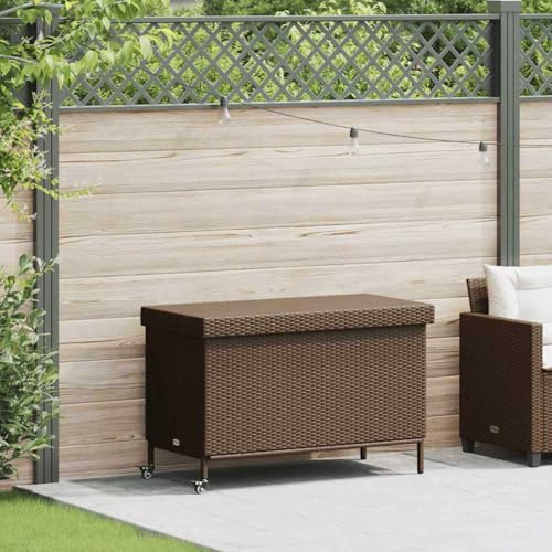 Teenpull Coffre de jardin à roulettes - En polyrotin - Marron - 110 x 55 x 73 cm - Boîte de rangement extérieure pour coussins, couvertures, jouets, résistant aux UV