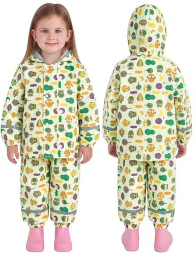JiAmy Tuta Impermeabile Bambino e Bambina (2 Pezzi), Set Pioggia con Giacca e Pantaloni, Impermeabile Bambino con Cappuccio Trasparente & Bande Riflettenti per Scuola e Asilo 1-2 Anni