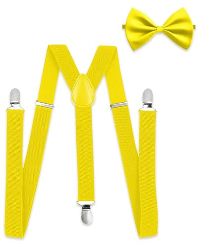 Gaomumu Suspenders and Tie Set, Adjustable Y-Back Braces with Strong Clips & Matching Necktie,Suspender Belt for Kindergarten Performances,Solid Color Bow Ties for Boys and Girls