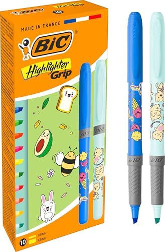 BIC Highlighter Grip Décors Surligneurs Série Kawaii Pointe Biseautée - Assortiment de Couleurs Fluo, Pack de 10