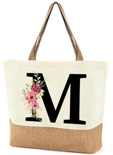 Personalizada Bolsa Tote con Inicial, Bolso de Playa Grande Lona y Yute 44x40x12cm, Mujer Tote Bag con Letra y Flores, Regalo para Mujer Amigas Mamá Cumpleaños Día de la Madre Boda Damas de Honor