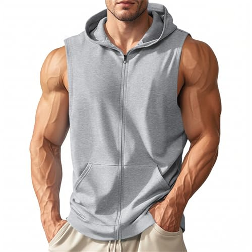 T-shirt sans manches pour homme - Sport - Loisirs - Sweat à capuche avec fermeture éclair - Sweat à capuche sans manches - Gilet d'entraînement - Débardeur, O gris clair, XXL