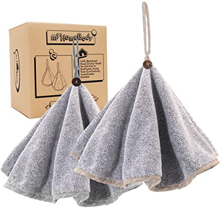 myHomeBody Essuie-Mains pour la Salle de Bain et la Cuisine avec Boucle de Suspension, Essuie-Mains Ronds en Fibre de Charbon de Bois, Doux et absorbants, Set of 2 Grey Towels