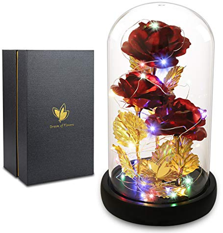 Valentines Day Gifts for Her,Beauty and The Beast Rose Birthday Gift,Galaxy Flower Rose with 2 Light Modes,Colorful Crystal Flower Enchanted Rose in Glass Dome,Womens Gifts for Mom Wife Girlfriend