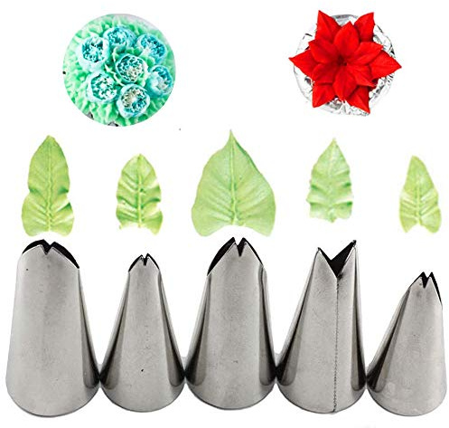 Xfaiz - Set di 5 punte russe a forma di foglia, in acciaio inox, per decorare torte, cupcake, kit per decorazioni fai da te