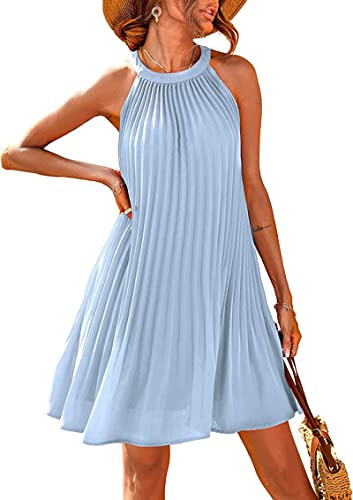 PRETTYGARDEN Womens Summer Dresses 2025 Cute Halter Neck Sleeveless Mini Dress Solid Color Flowy Pleated Beach Dress Sundress(Medium, Light Blue)