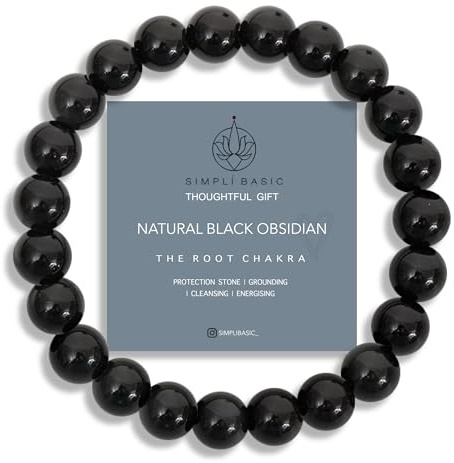 SIMPLÍ BASIC Natural Black Obsidian Healing Gemstone Crystal Bracelet 8mm Bead | Protection, Grounding & Energising |Stress Relief & Cleansing | Beaded Bracelet| Mum Girlfriend Gifts for Him & Her