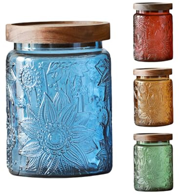 ANSQU Set of 4 Vintage Glass Storage Jars, 23.7oz Glass Coffee Canisters Decoraitve Mason Jars Sugar Containers with Airtight Wooden Lids for Kitchen Pantry, Cookie Jars (Sunflower)