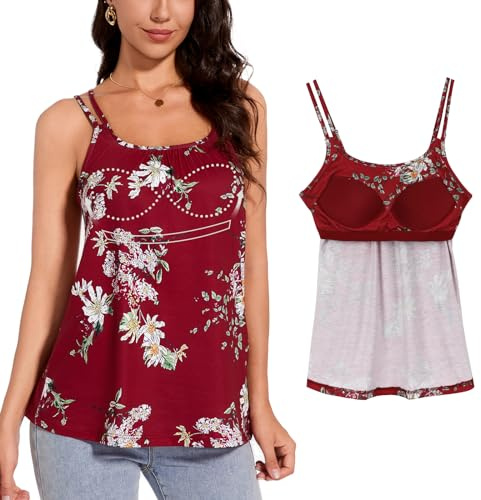 ANYFITTING Linne med Inbyggd BH, Summer Spaghetti Strap Ärmlösa toppar, U-neck linne, Sexig lös BH för kvinnor, Träning, Sömn, Resor Vinröd med blommor XXL