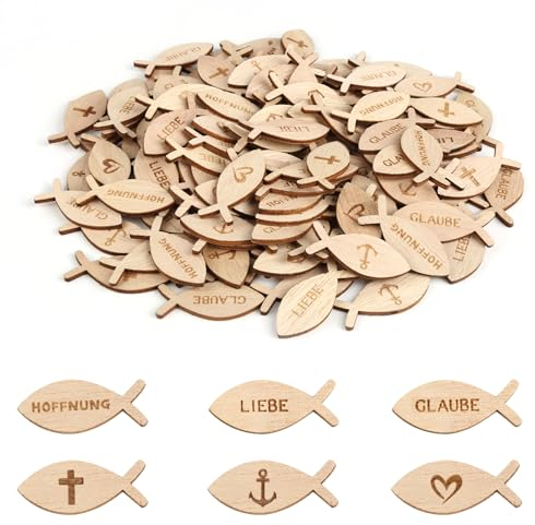 RISF 120 Stück Holzfisch Kommunion Deko, Konfetti Fisch Taufdeko, Firmung Tischdeko Kommunion, Tischdeko Konfirmation Deko Fische, Junge Mädchen Taufe Streudeko