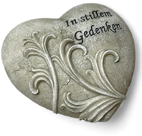 MIJOMA Decoración para tumba en forma de corazón de piedra artificial, delicado recuerdo en silencio o en profundo extraño, gris piedra (en silencio conmemorativo, ancho: 13 cm, alto: 12,5 cm,