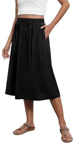 TASAMO Women Print Midi Skirts Chiffon Summer Beach Pleated Elastic High Waisted Bohemia Trendy Skirts Black