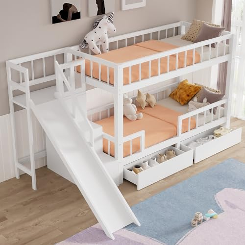 Ymkua Etagenbett Kinderbett 90x200 cm, Hochbett mit Stauraum, Holzbett mit 2 Schubladen, Bettgestell mit Lattenrost und Rausfallschutz, Hausbett für 2 Kinder mit Treppe und Rutsche, Weiß,Ohne Matratze