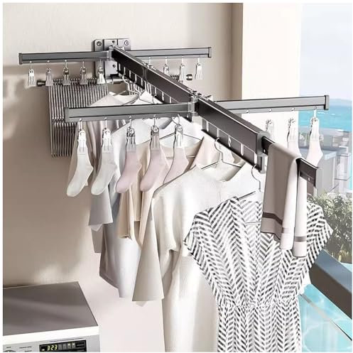 Clothes Drying Rack Wall Mounted, Retractable Garment Rack with Hooks, 360° Rotating Tri-Collapsible Laundry Clothes Drying Rack for Balcony, Laundry, Bathroom (Gunmetal grey)