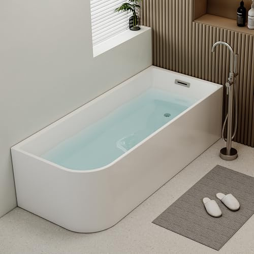 CBDOIT 59 x 29 Acrylic Freestanding Bathtub, Right Drain Contemporary Soaking Tub for Bathroom Corner Bathtub with Overflow & Pop-up Drain