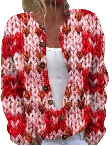 Chanpning Cardigan de Saint-Valentin pour Femme - Pull avec Motif cœur - Manches Longues - Haut tricoté Chaud - Grosse Maille - Boutonnière - Pull Court - Cardigan - Pull de Loisirs