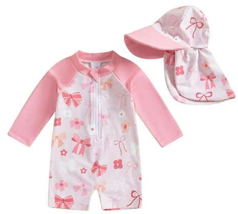 Geagodelia Toddler Baby Girl Swimsuit and Hat Zip Up Long Sleeve All in One Swimming Costume UV Sun Protection Swimwear One Piece Swimming Suit Rash Guard Sunsuit (Bows Rose, 18-24 Months)