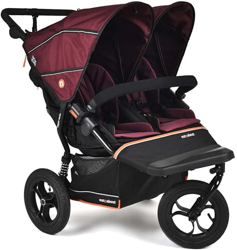 Out’n’About Nipper Double V6 Pushchair | Lightweight All-Terrain 3 Wheel Double Buggy & Rain Cover | 12” Air-Filled Tyres, 71cm Wide, Compact Fold Stroller, Pram | Newborn to 4yrs (Brambleberry Red)
