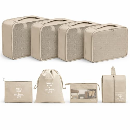 Koffer Organizer 8er Set - Kofferorganizer mit Kosmetiktasche und Packtaschen für Reisen als Kleidertasche Packwürfel (Beige)