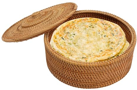 Rund rotting förvaringskorg med lock, 30 cm hyllkorgar naturlig brödkorg flätade fruktkorgar, äggkorg, tortilla-varmare för kök och hushåll, håller maten varm