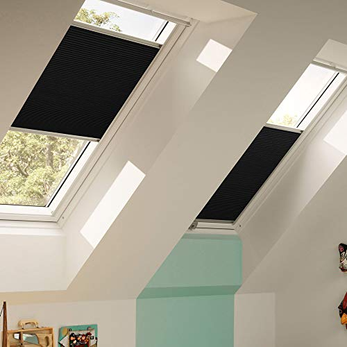 Original VELUX Faltstore DuoLine FHC M10 1047S Für // GGL, GTL, GPL, GHL, GXL M10, 310 und GGU, GTU, GPU, GHU, GXU M10 // in Stofffarbe 1047 / Uni Schwarz - Abdunkelung Verdunkelung Wabenplissee // Seitenschienen in Silber _25442