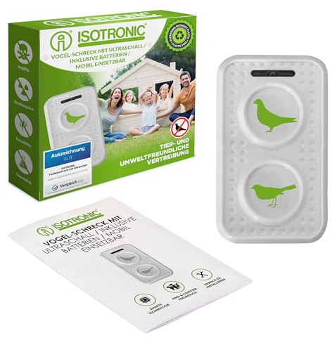 ISOTRONIC mobiler Tauben Vogelschreck mit Ultraschall | mit ON-Off-Schalter für Scheune, Garten, Auto und Garage | besonders hohe Töne, Wechselfrequenz gegen Gewöhnungseffekt | batteriebetrieben