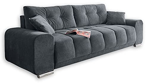 Stella Trading PACO Bequemes Schlafsofa mit Bettkasten, Stoffbezug Anthrazit - Klappbares Sofa mit Schlaffunktion und dekorativer Steppung - 260 x 95 x 90 cm (B/H/T)