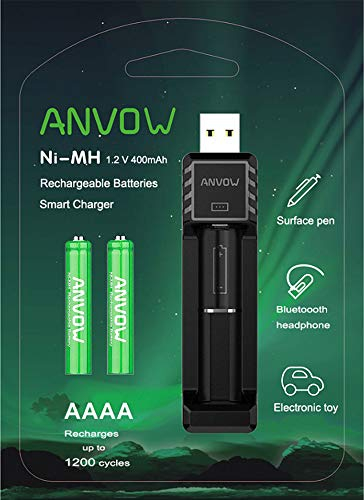 ANVOW Smart AAAA Caricabatterie con 2 conteggi Batterie ricaricabili AAAA - Batteria Ni-MH 1,2 V 400 mAh 1200 Cicli Penna per superficie Stilo attivo Batteria ricaricabile