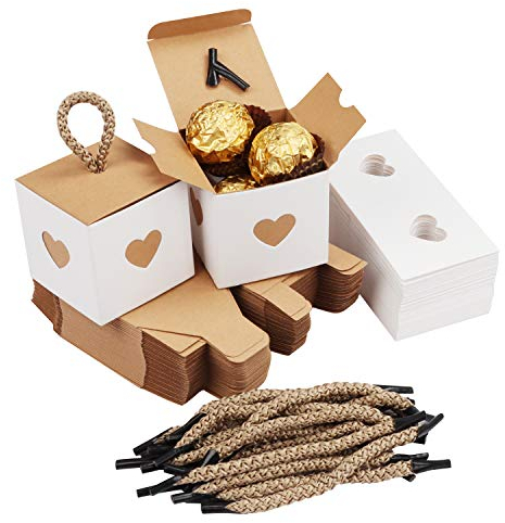 Belle Vous 50 Stk Kleine Geschenkboxen Weiß & Braun mit Herz - 5,5 x 5,5 x 5,5cm Geschenk Schachtel Box aus Karton Kraftpapier Pappschachteln für Süßwaren, Gastgeschenke, Hochzeit, Party, Geburtstag
