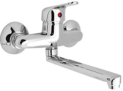 Ogomondo Miscelatore Rubinetto A Muro per Lavello Cucina Erogazione Orientabile Cromato Lucido a Specchio Canna Regolabile Monocomando Completo di Guarnizioni