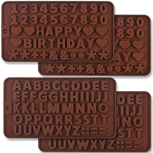 Newk Stampi in silicone per cioccolato, lettere e numeri, confezione da 4 stampi in silicone per decorazioni di torte di compleanno con simboli